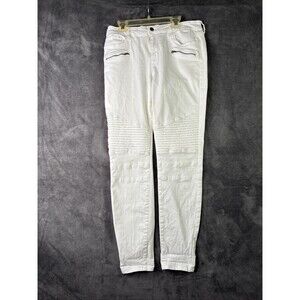 Cello Jeans Womens 11 White Moto Biker Skinny Ribbed Knee Zip Pocket Stretch